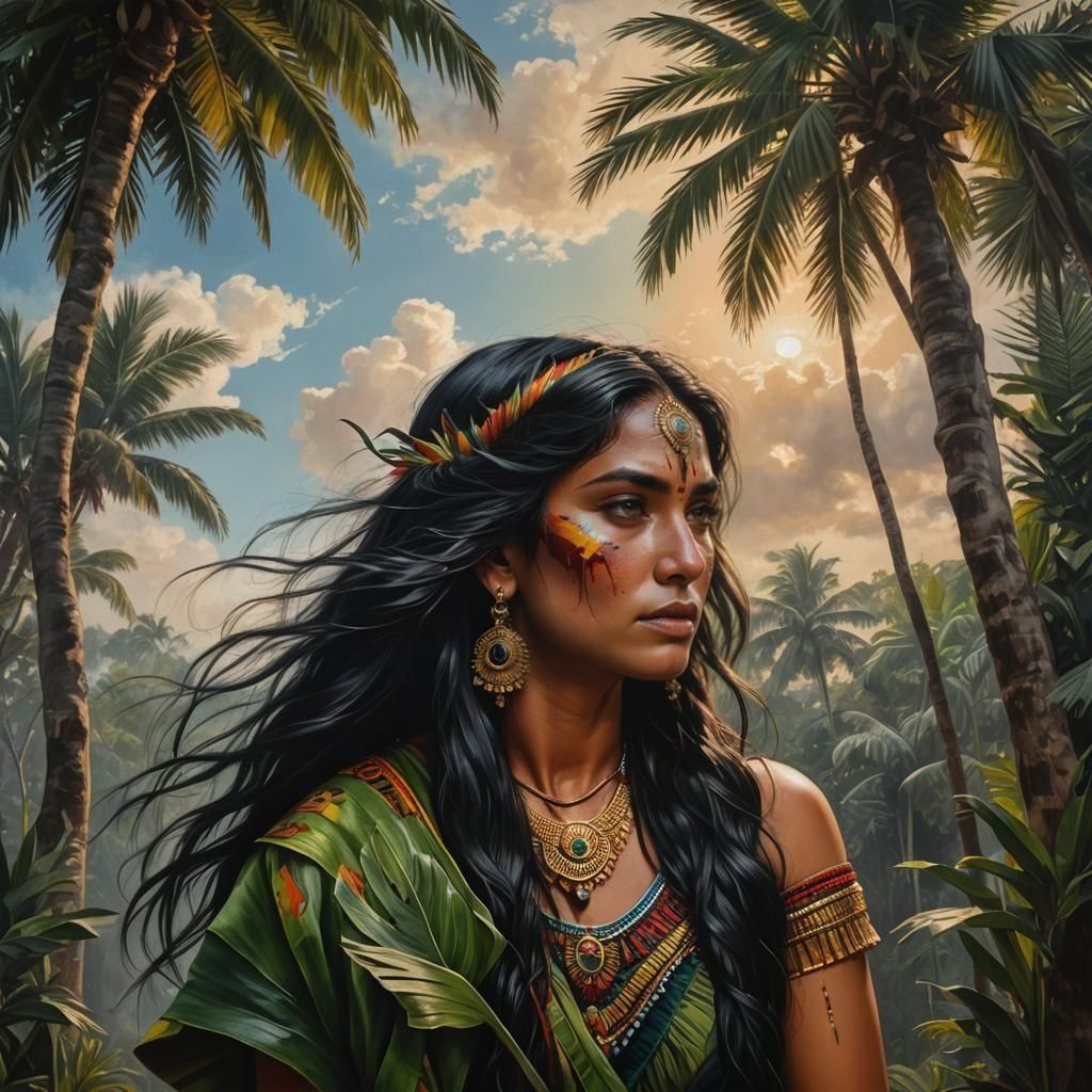 Amazonian Indigenous Woman with Wolf in Tropical Setting
