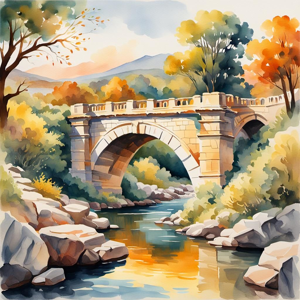 Watercolor Roman Bridge at Golden Hour in Gouache Style