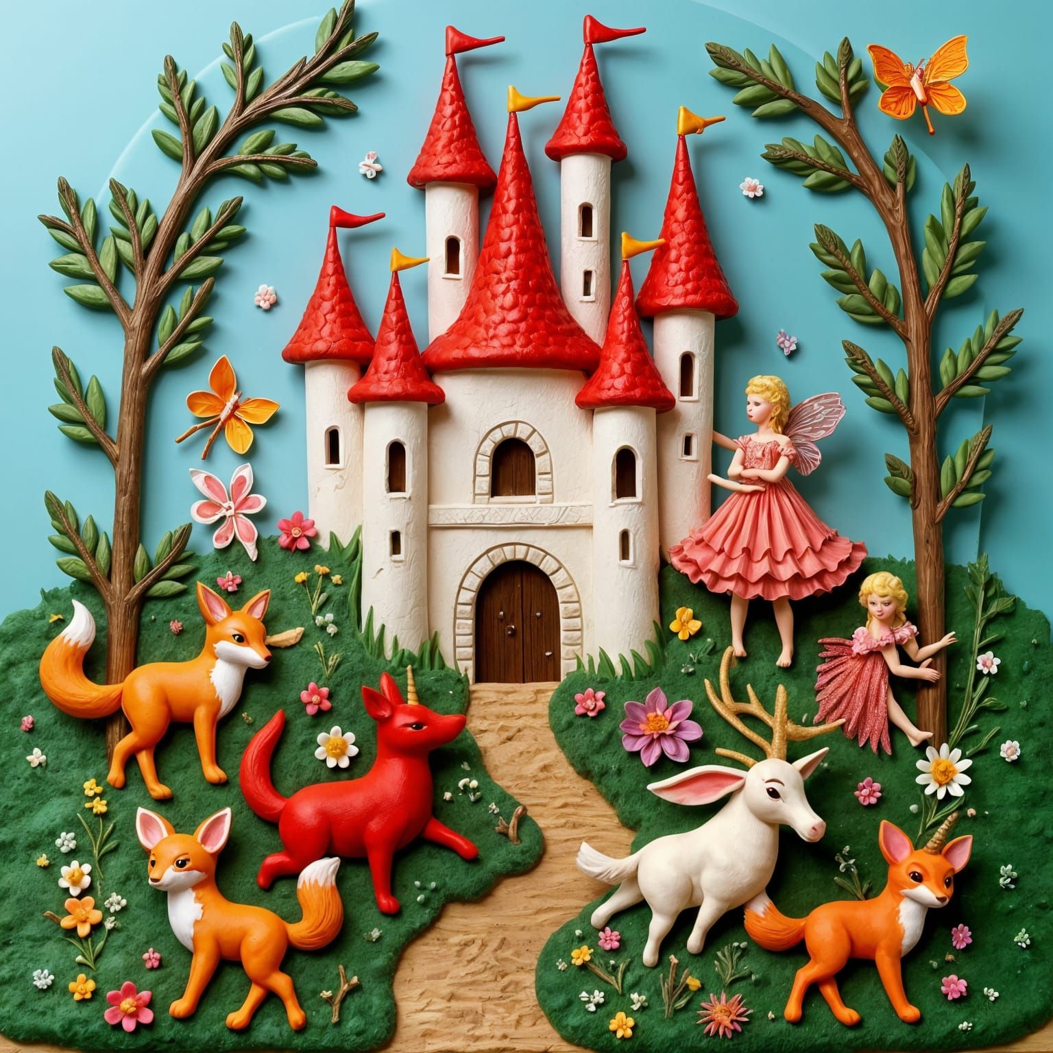 Fantasy fairy castle, fantasy fairies, foxes, unicorns, rabb...