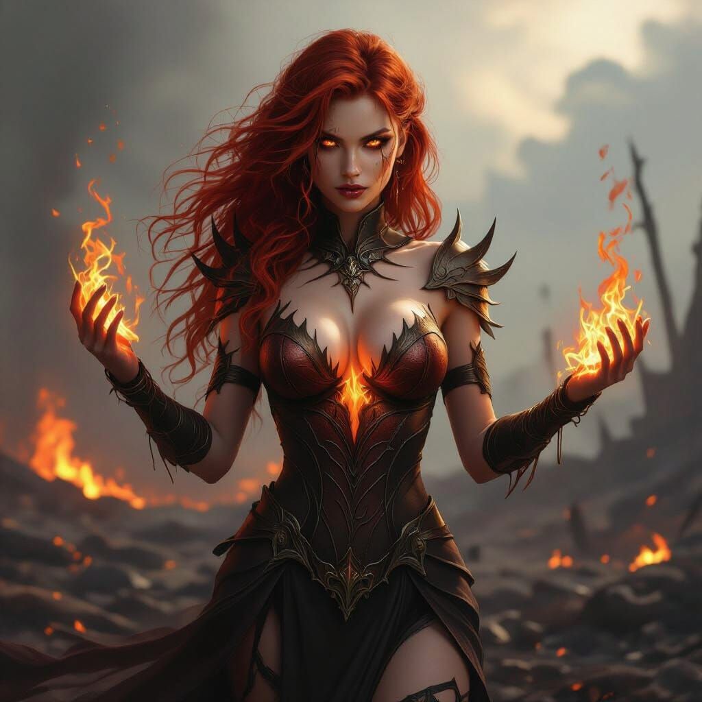 Fiery Elemental Woman in Scorched Battlefield: Dramatic Real...