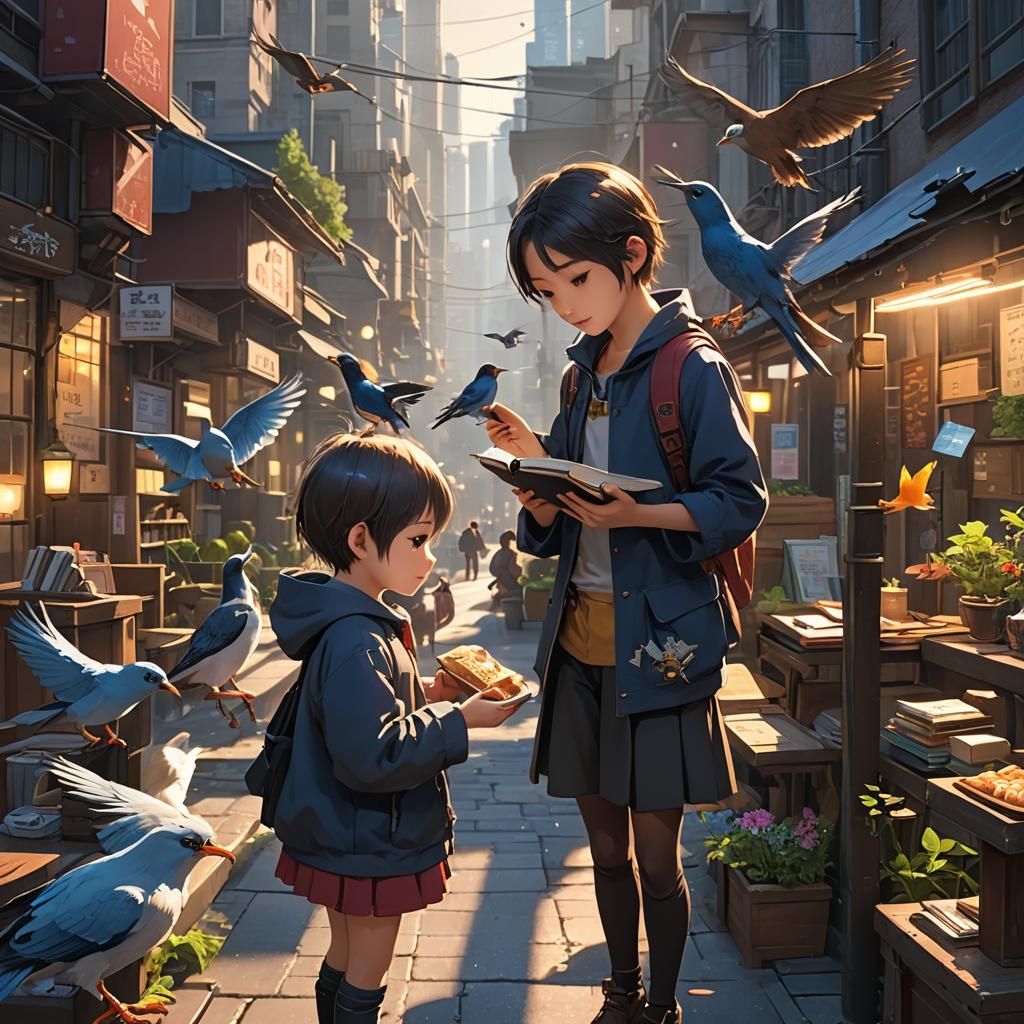 Child Feeding Bird: 3D Anime Book Cover