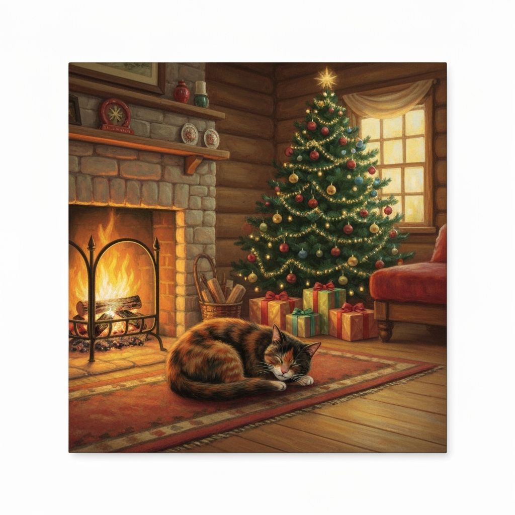 Cozy Christmas Cabin with Sleeping Tortoiseshell Cat