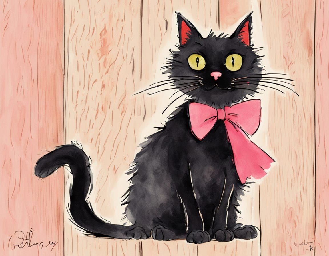 Whimsical Black Cat with Bowtie in Quentin Blake Style