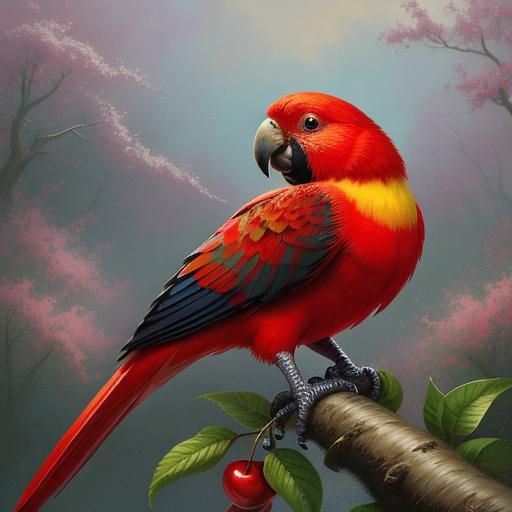 Cute Red Parrot with Cherry: Ethereal Fantasy
