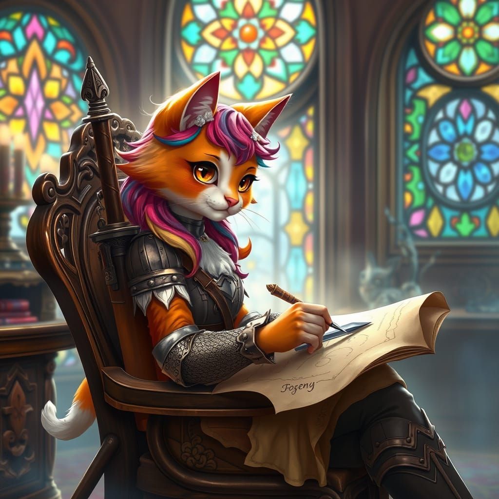 Whimsical Feline Warrior in Elegant Armor