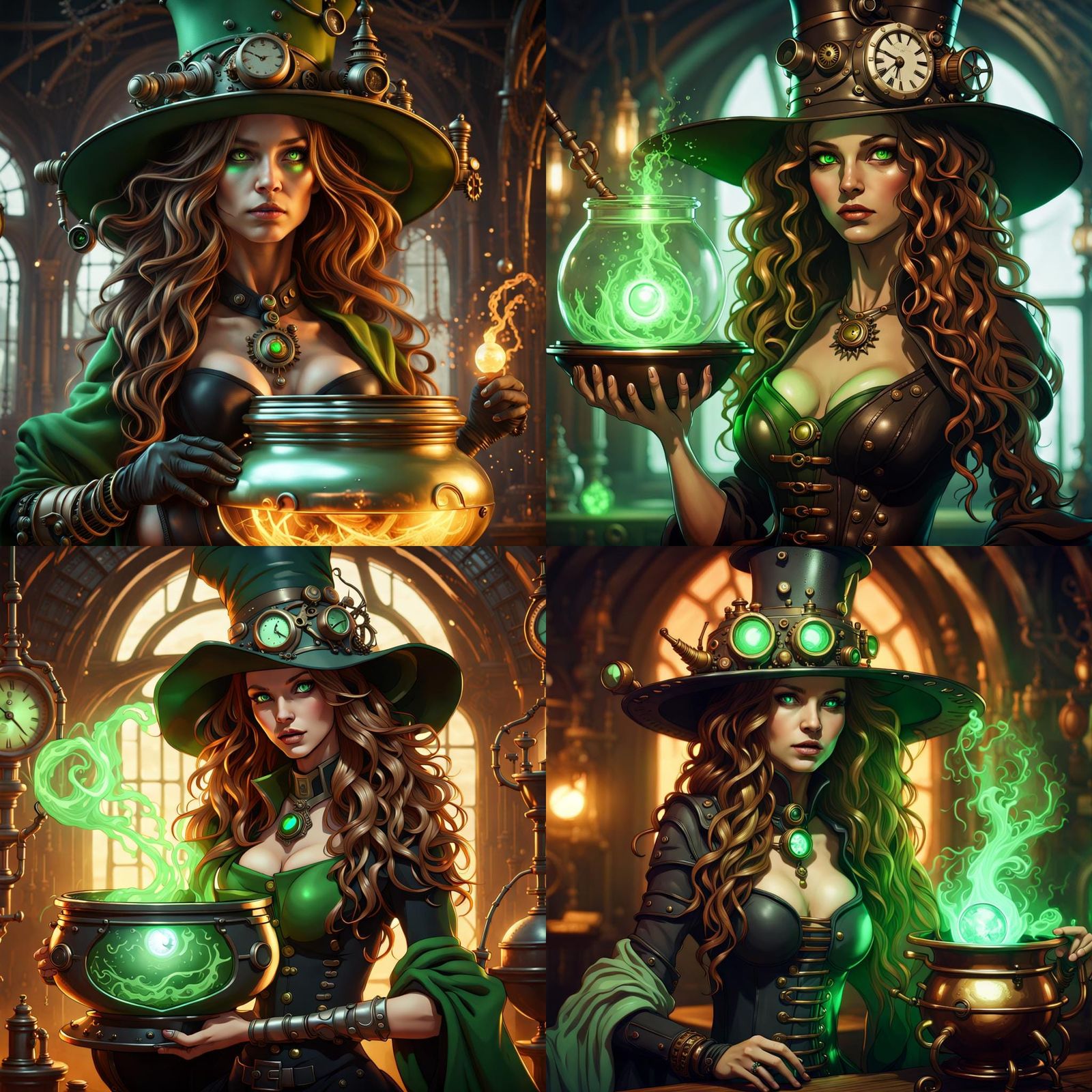 Steampunk Witch Stirring Magical Cauldron