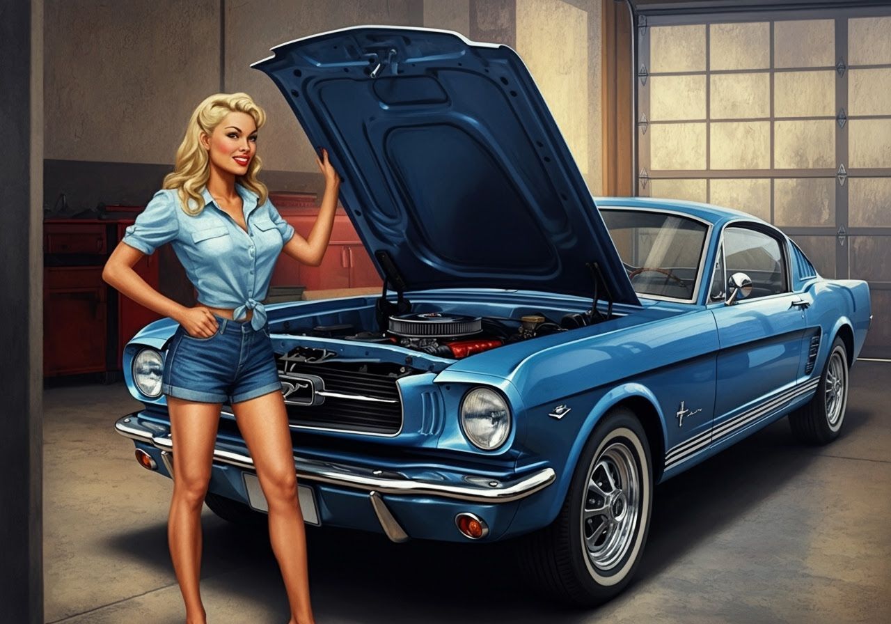 Blonde Mechanic Working on Classic Mustang, Expressionist Oi...