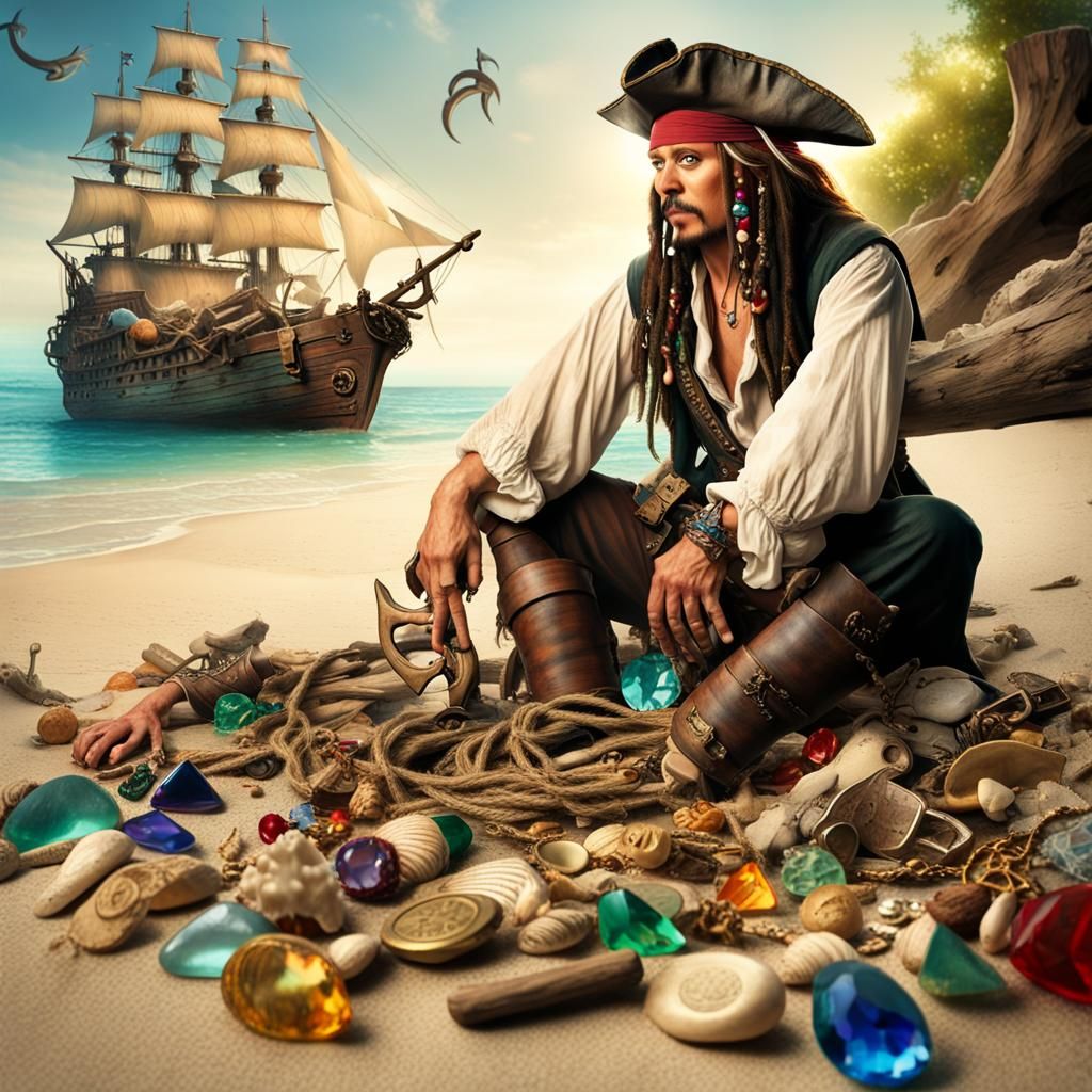 Pirate and Mermaid Fantasy Beach Scene