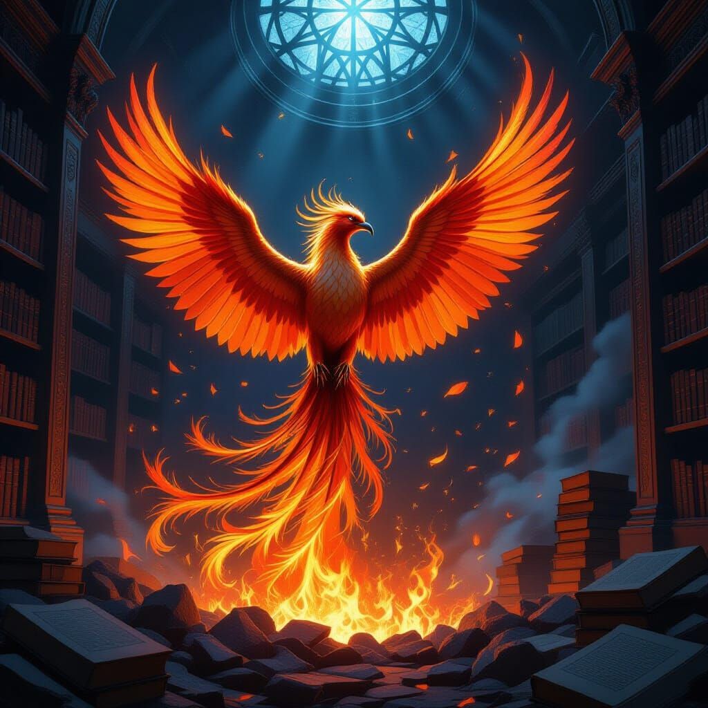 Majestic Phoenix Rises from Celestial Library Ashes