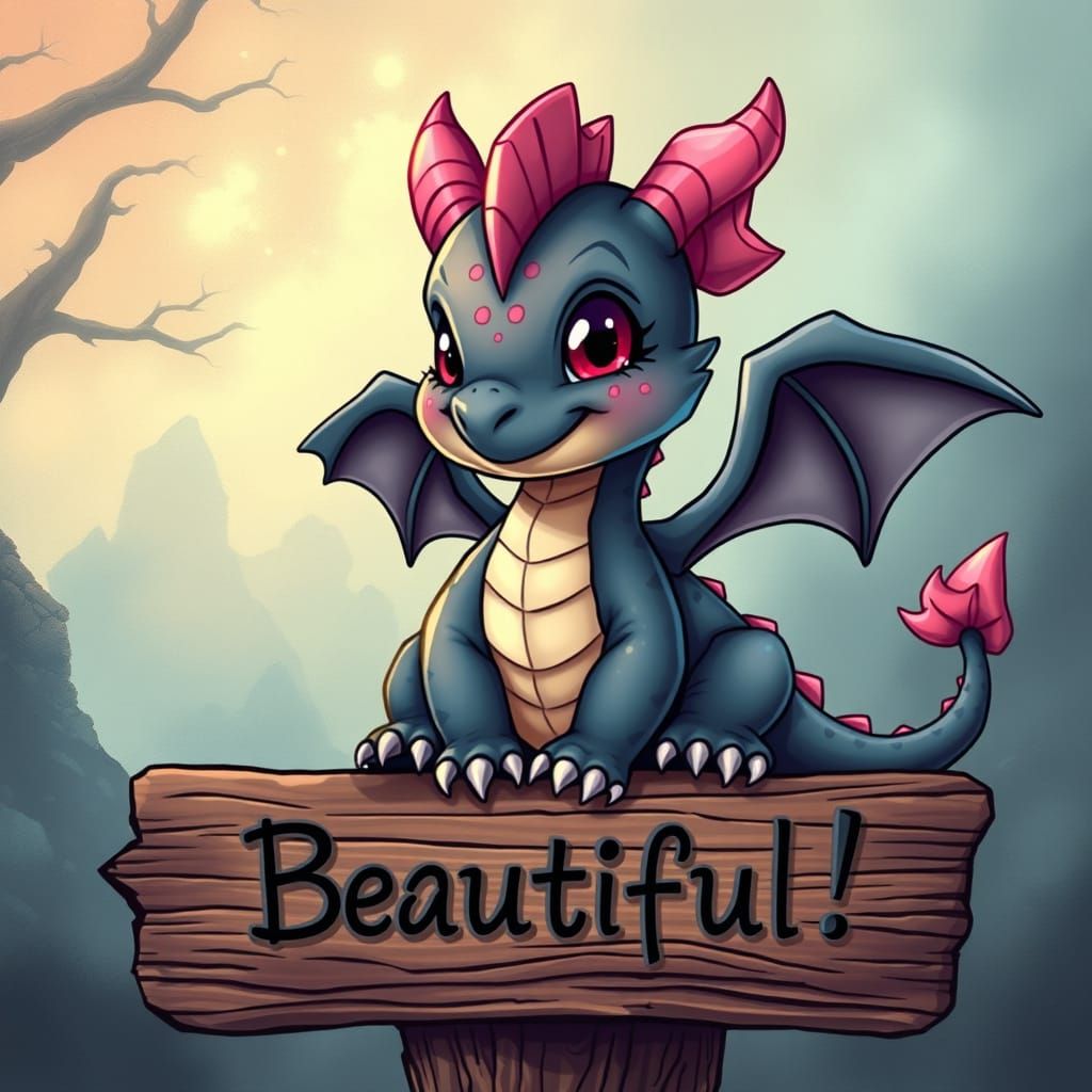 Cute Dragon Admires Epic Fantasy Sign