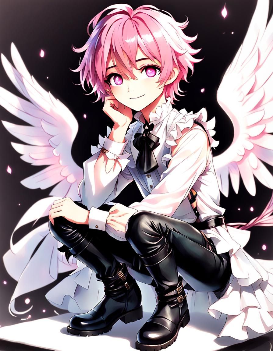 Pink haired anime boy, looking ethereal and contemplative,  masterpiece, best quality, beautiful boy, feminine,  black l...