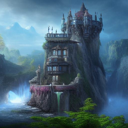 Fantasy Castle on Sky Island with Waterfall