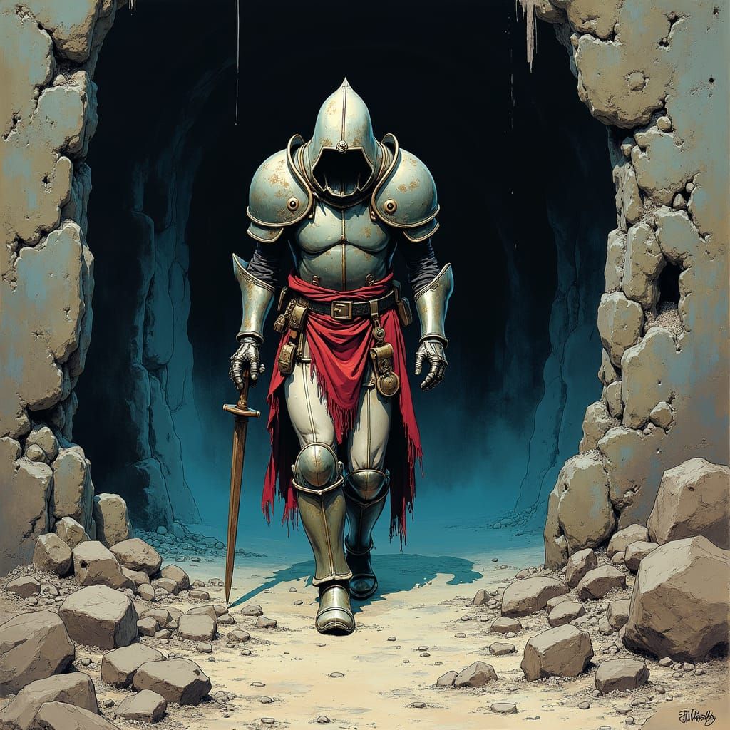 Adventurer Emerges from Crypt: Comic Book Illustration