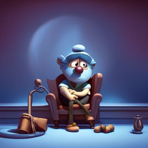 Sad Smurf in Blue Room: Pixar-Style 3D Render