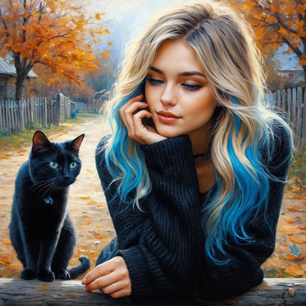 Woman and Cat in Autumn Oil Painting