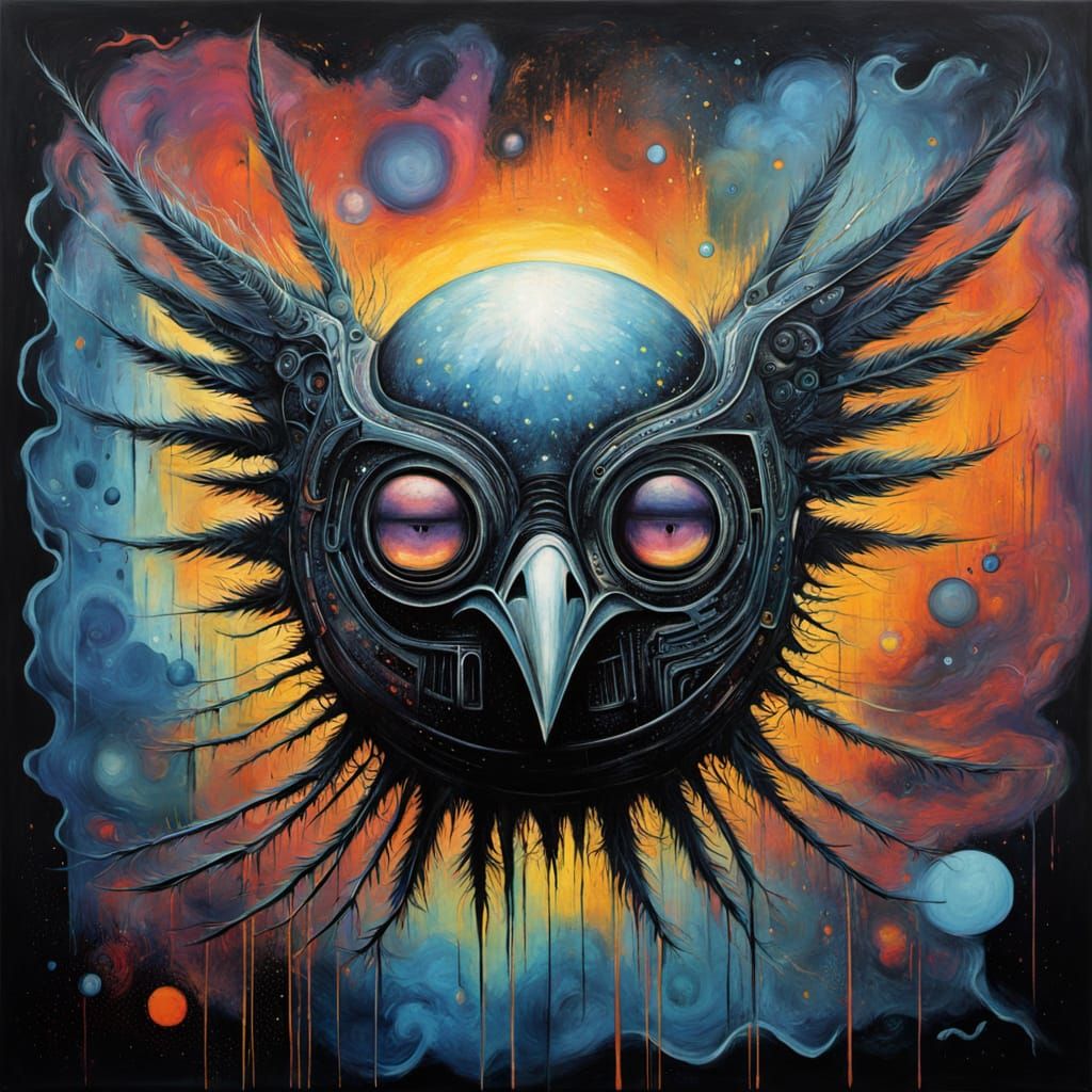 Celestial Bird Constructs Iridescent Nest Amidst Glowing Neb...