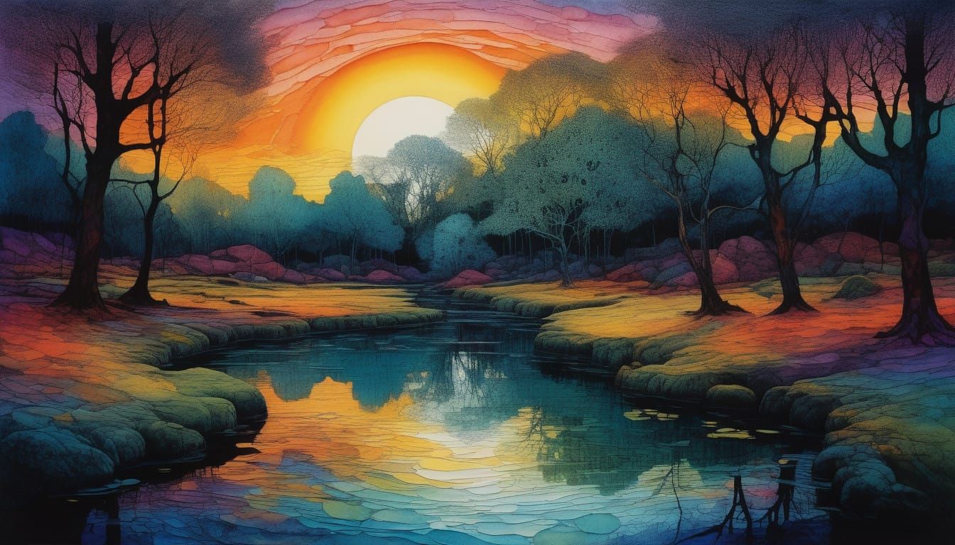 Mystical Water Garden Scene in the Style of Andy Kehoe