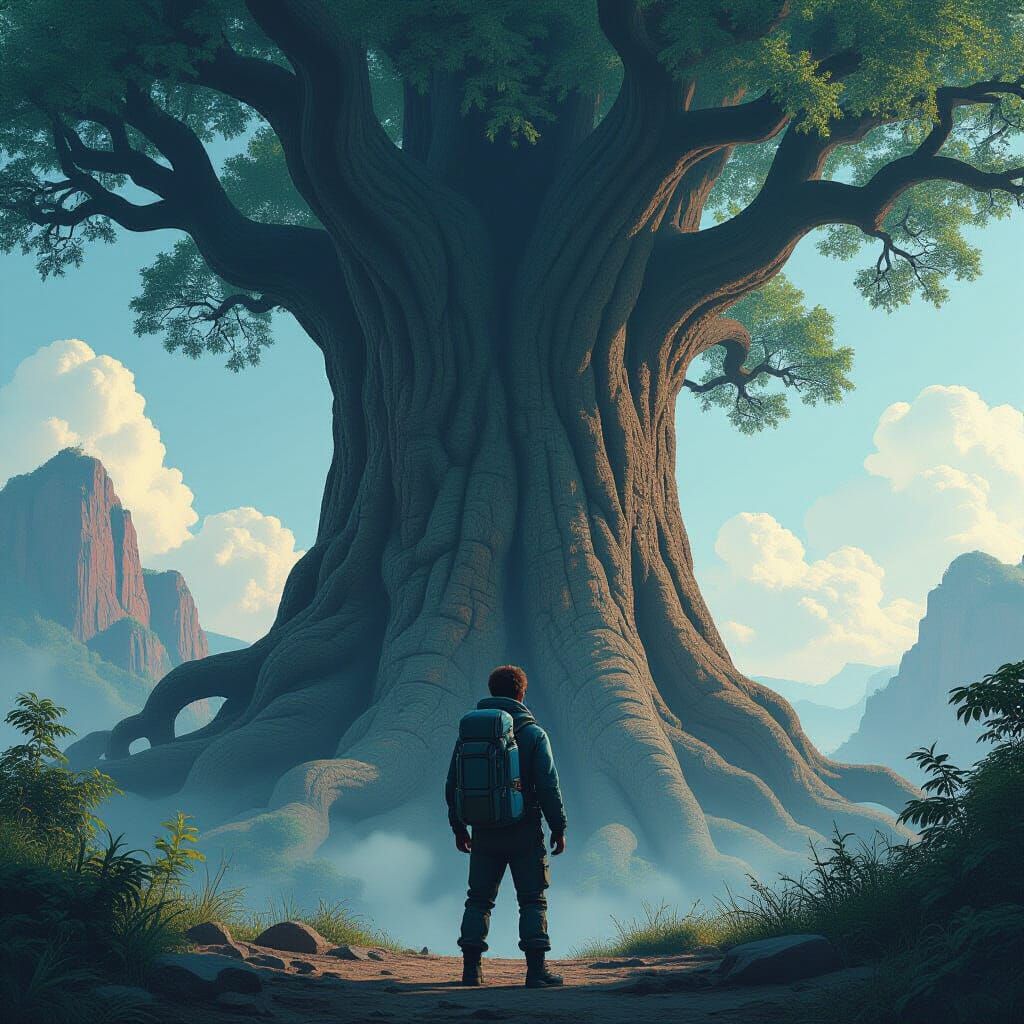 Fearless Hiker Confronts Enormous Tree in Dystopian Future