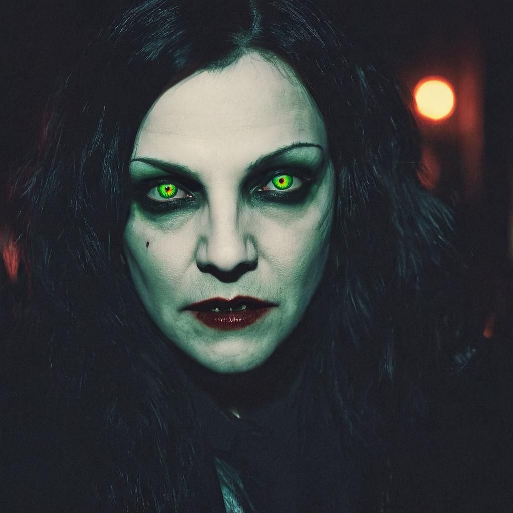 Vampire Woman with Glowing Eyes in Film Noir Style