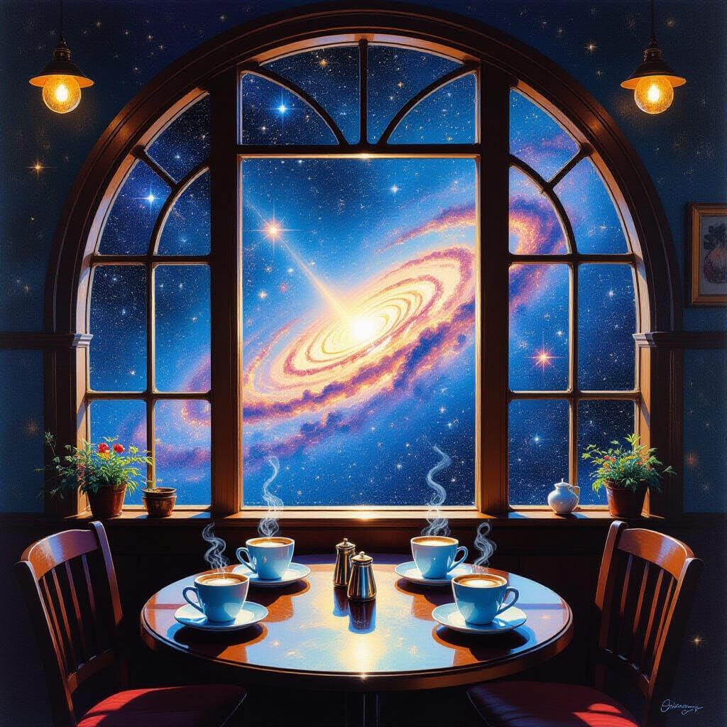 Celestial Cafe Amongst Stars With Galaxy Coffee Cups