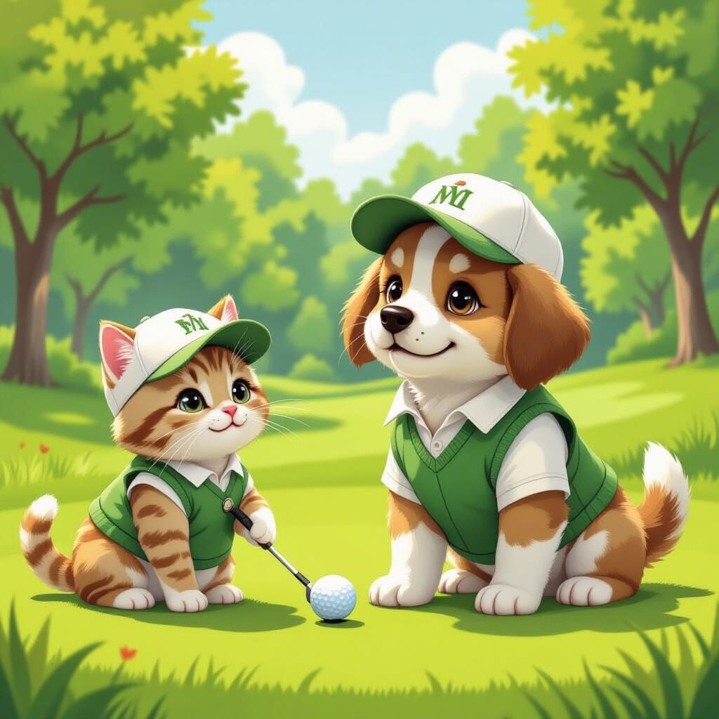 Puppy and Cat Golfing in Whimsical Style