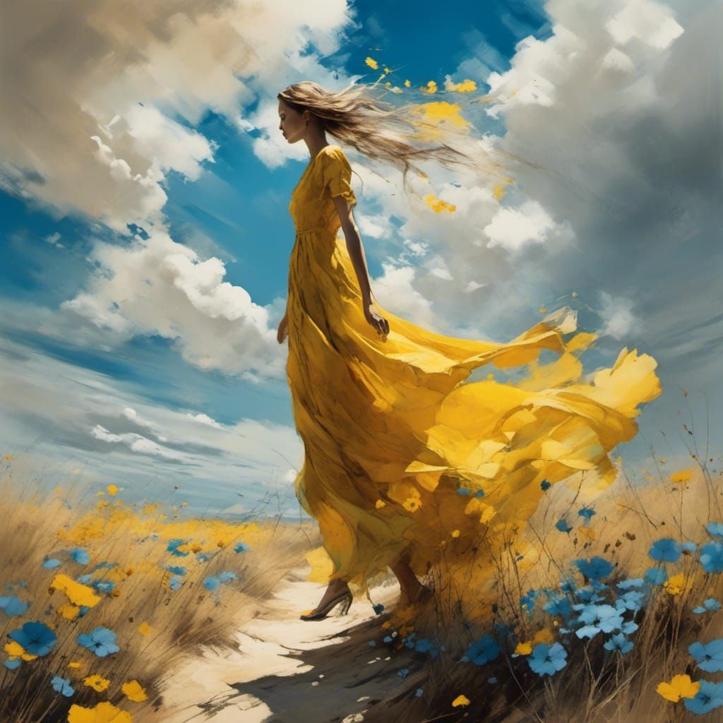 Woman in Yellow Dress Walking on Stilts