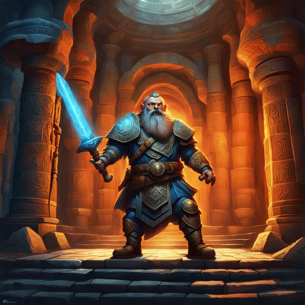 Dwarf Hero Wielding Glowing Dagger in Ancient Temple