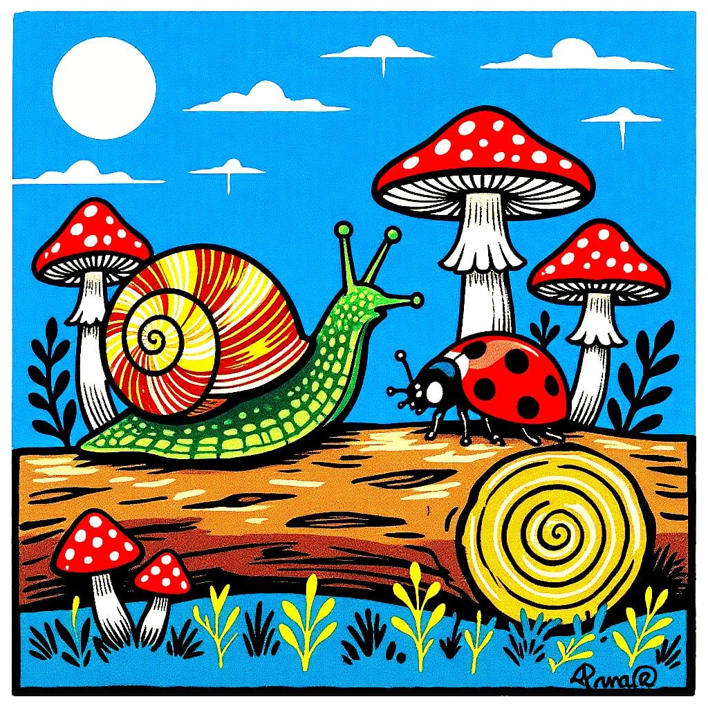 Lino Print of Ladybug and Snail with Mushrooms