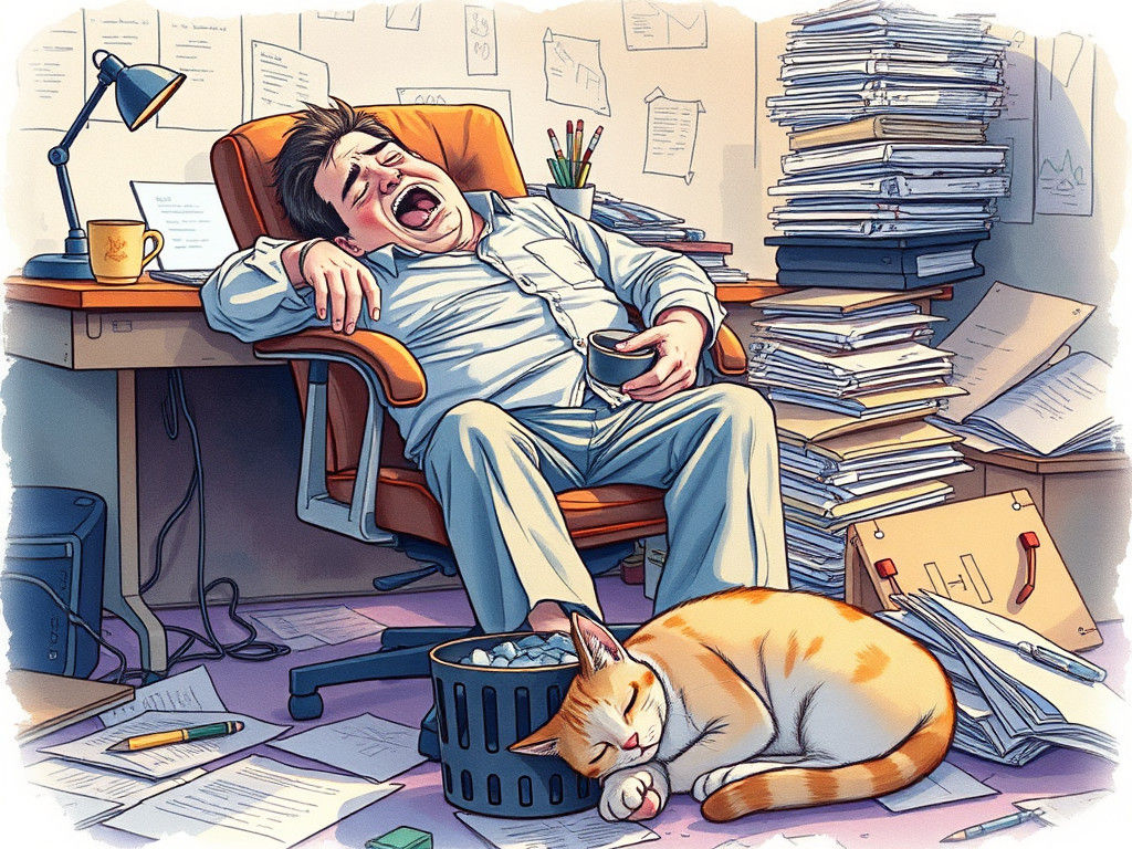 Exhausted Office Worker in Manga-Inspired Watercolor