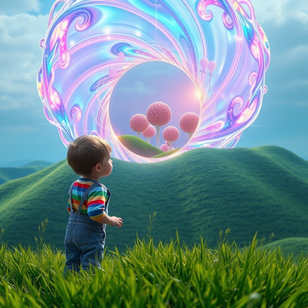 Wide-Eyed Wonder at Iridescent Portal to Fantastical Candy R...