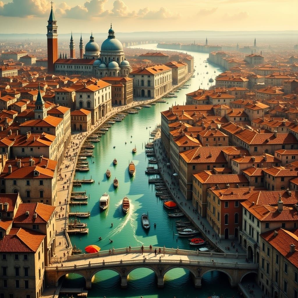 Venice Bird's-Eye View in Golden Light, Romantic Realism
