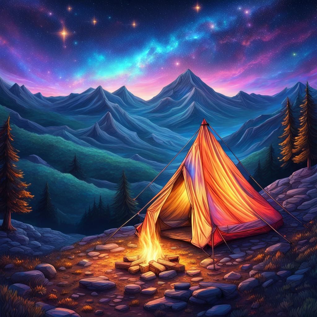 Enchanting Starry Night Campfire on Mountain Top