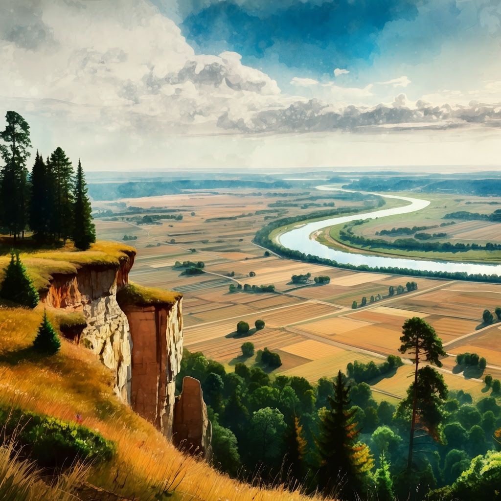 Nebraska River Valley Landscape in Watercolor Style
