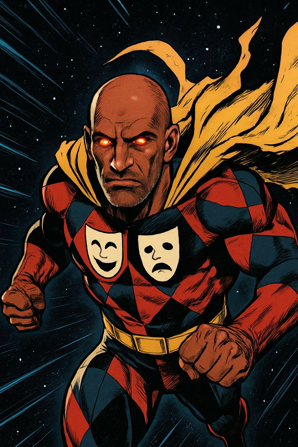 Harlequin Superhero Soaring Through Space in Comic Style
