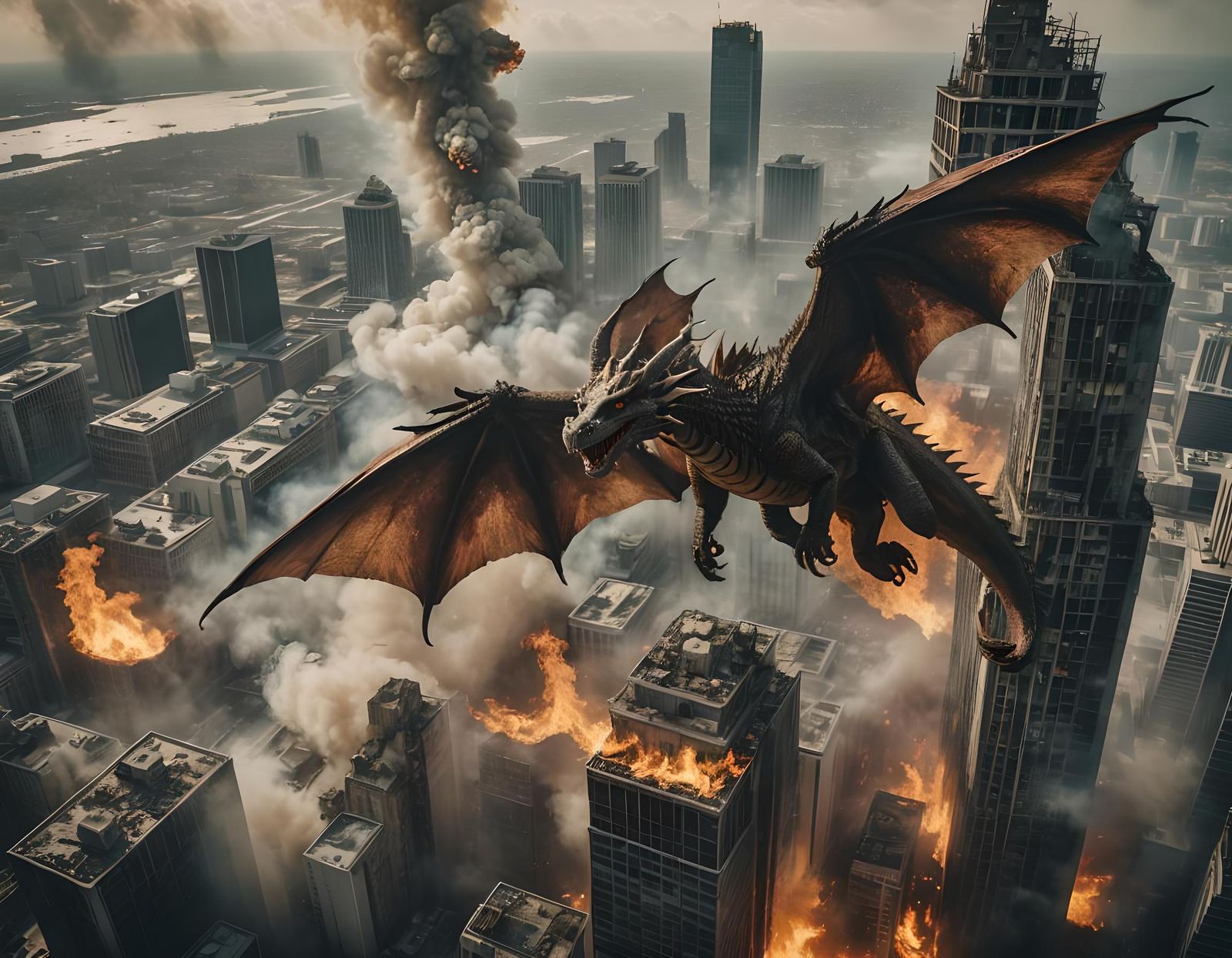 Dragon's Flight from Burning City: Post-Apocalyptic Acrylic ...