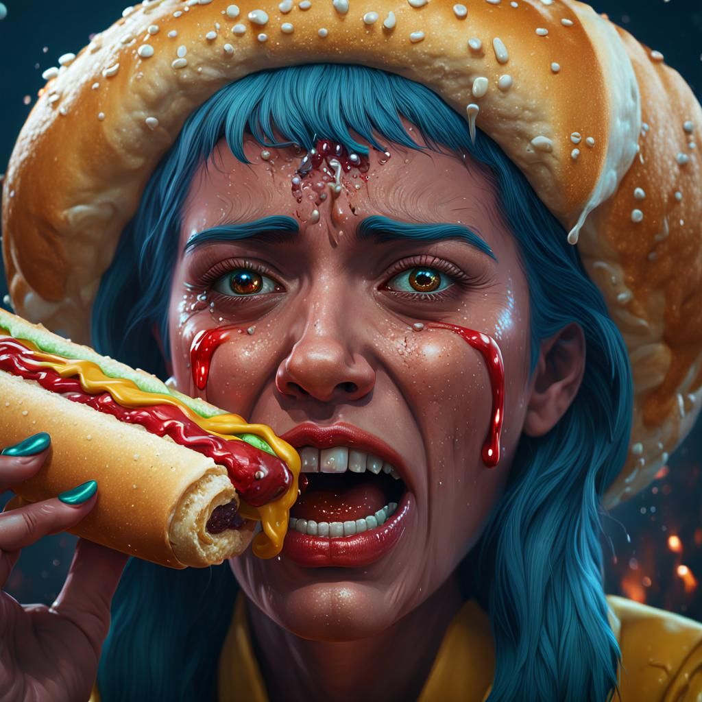 Distressed Woman Eating Hotdog: Detailed Matte Painting
