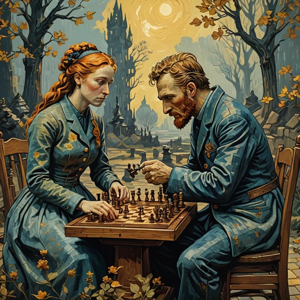 Husband and Wife Play Chess as Impasto Painting