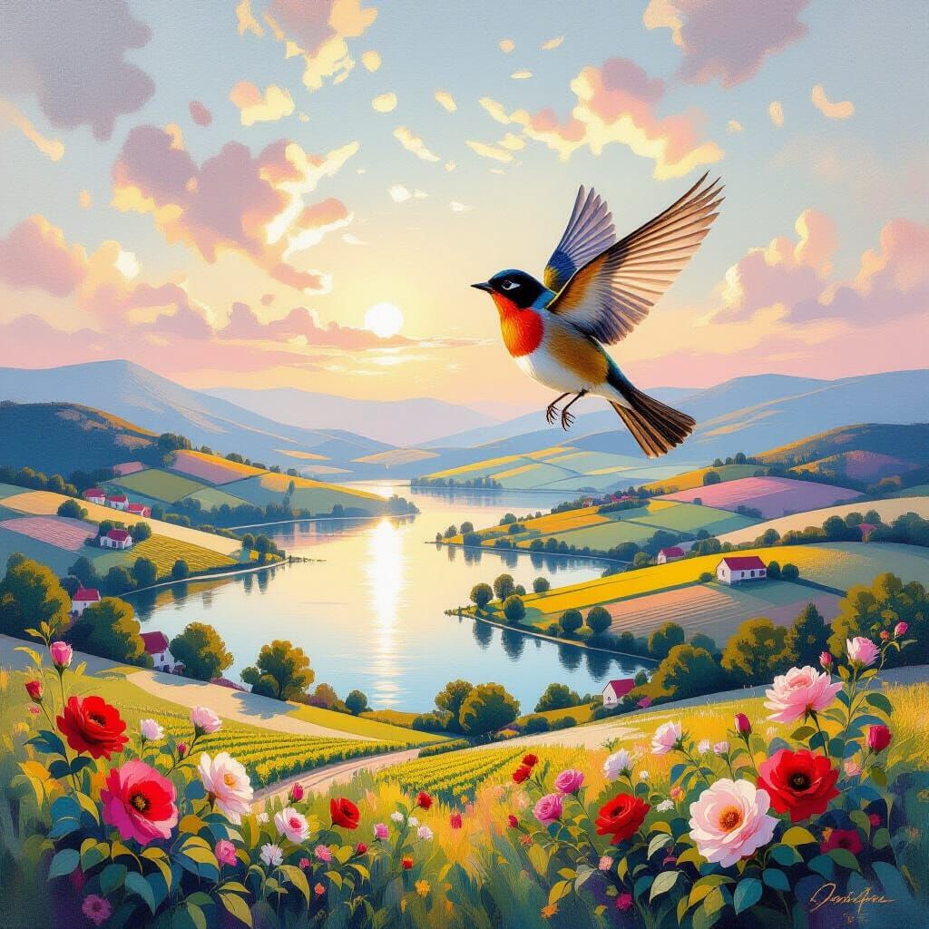 Robin Soaring Over Landscape in Impressionistic Style