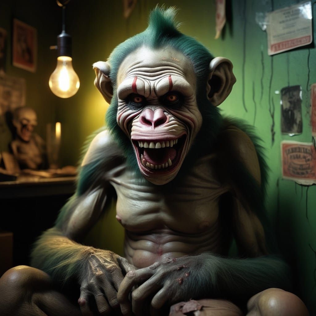 Grotesque Monkey Clown in a Surreal, Dimly Lit Rubber Room