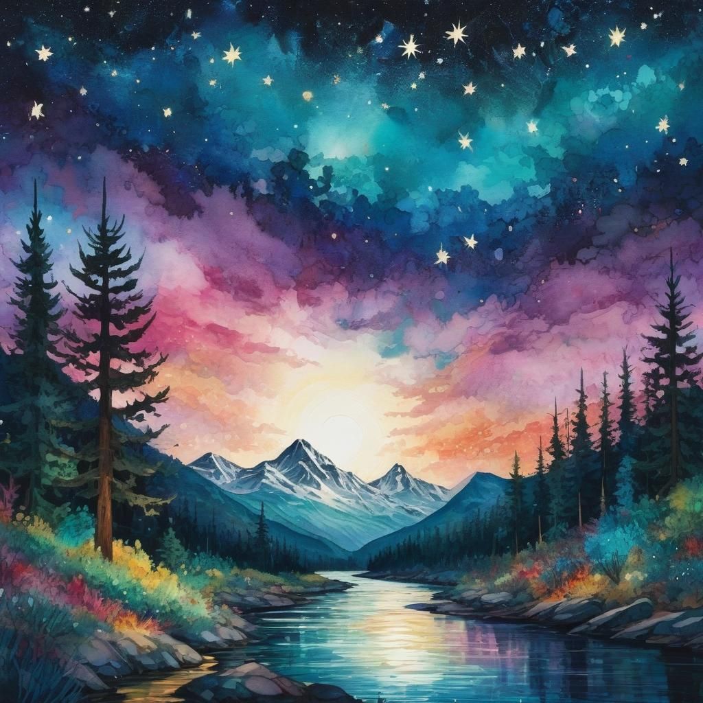 Fantasy Twilight River Valley in Expressionist Style