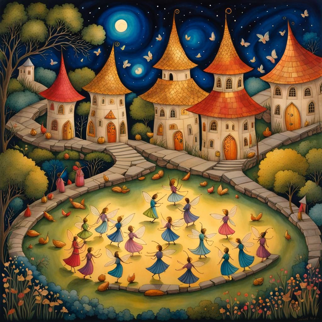 Fairies Dancing in Village Square: Celtic Art