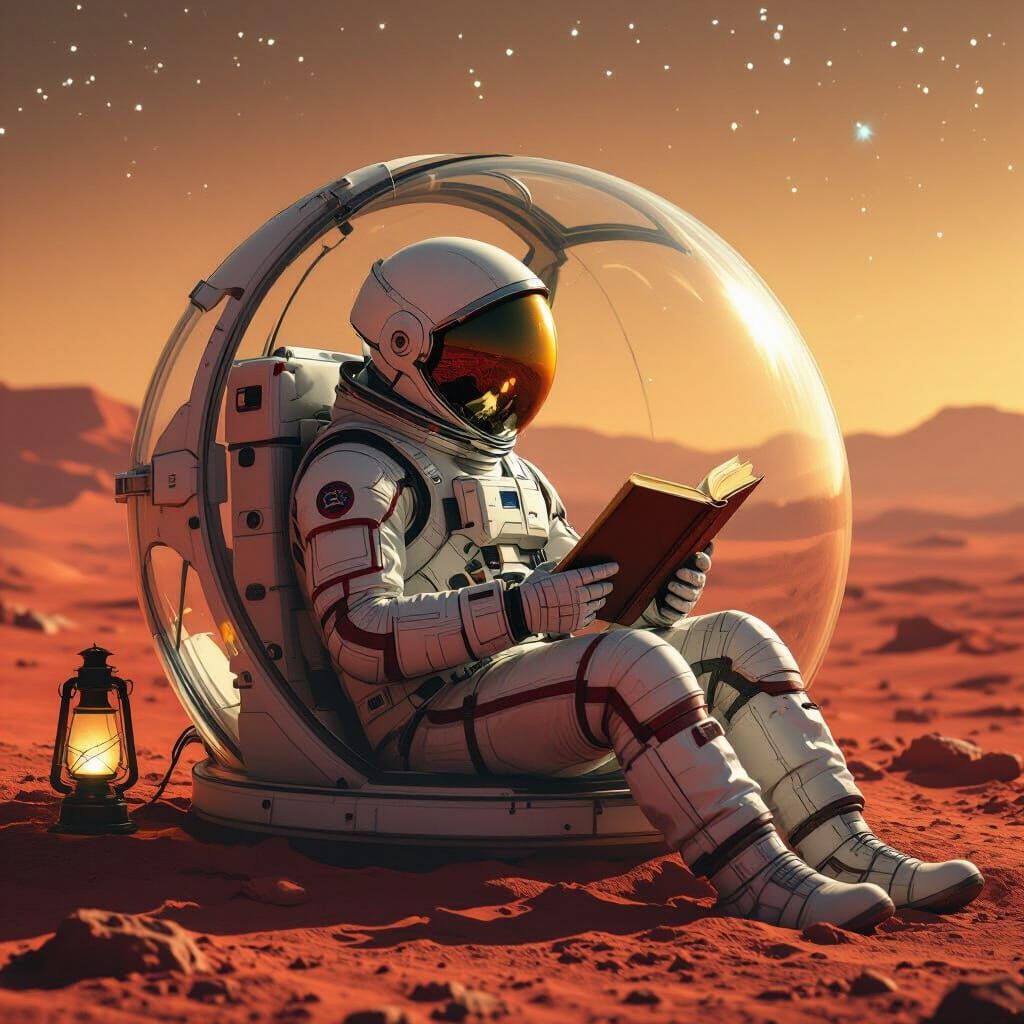 Astronaut Reading on Mars Under Alien Stars