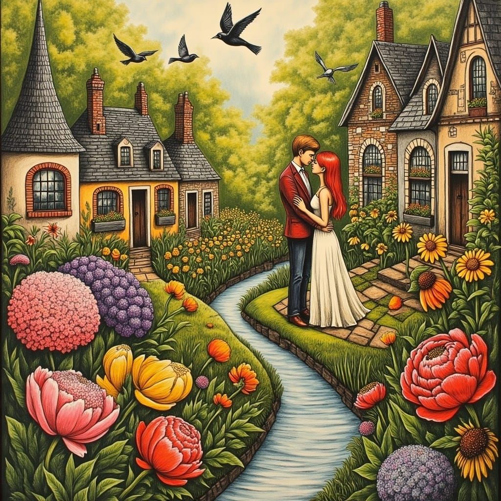 Romantic Whimsical Park Scene in Dreamlike Watercolor Style