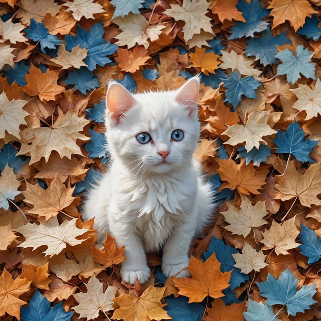 Kitten Playing in Autumn Leaves: Fantasy Matte Painting