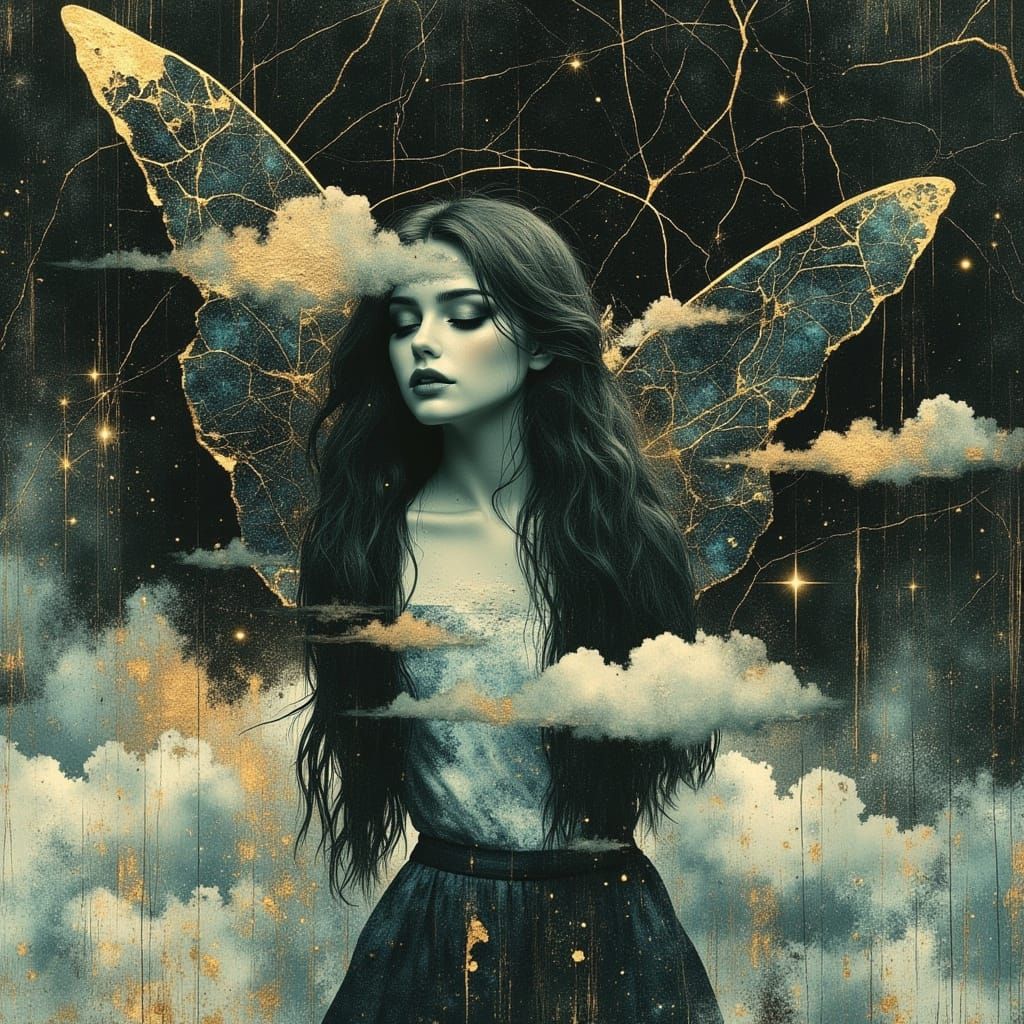 Mystical Woman in Paper-Textured Constellation Sky