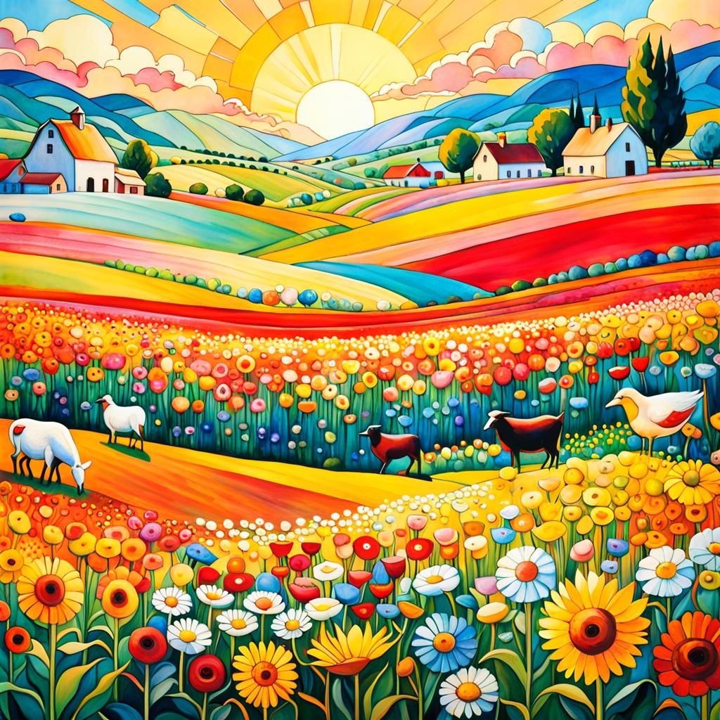 Vibrant Flower Field Landscape in Impressionist Style