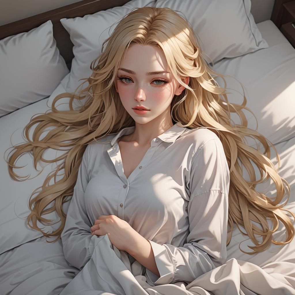 Blonde Girl Waking Up: 3D Anime Art