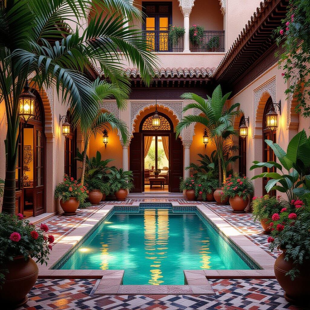 Moroccan Riad Courtyard at Dusk in Matte Painting Style