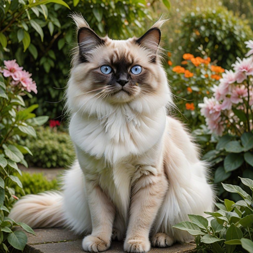 A Birman Cat Surrounded by Blooming Flowers