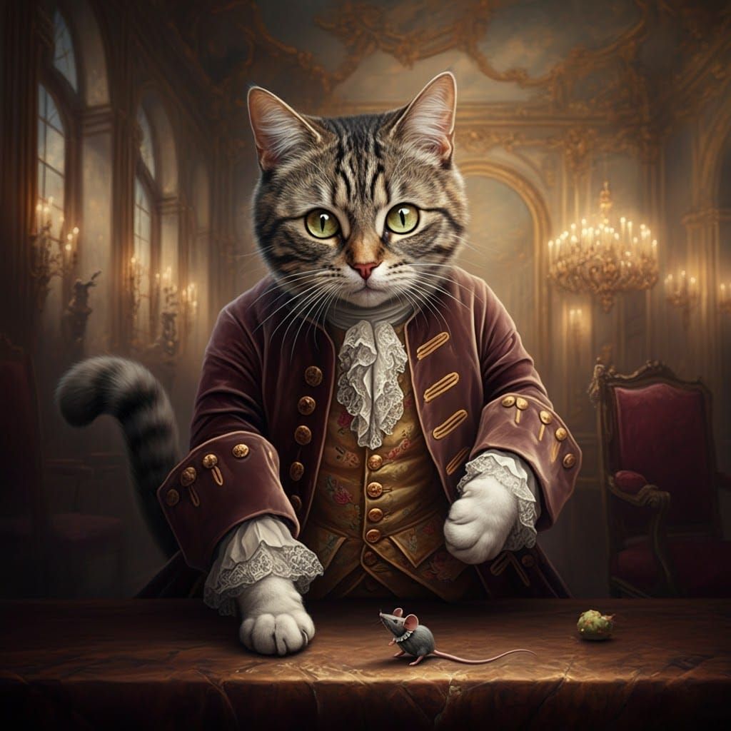 Whimsical Cat in Baroque Style with Toy Mouse